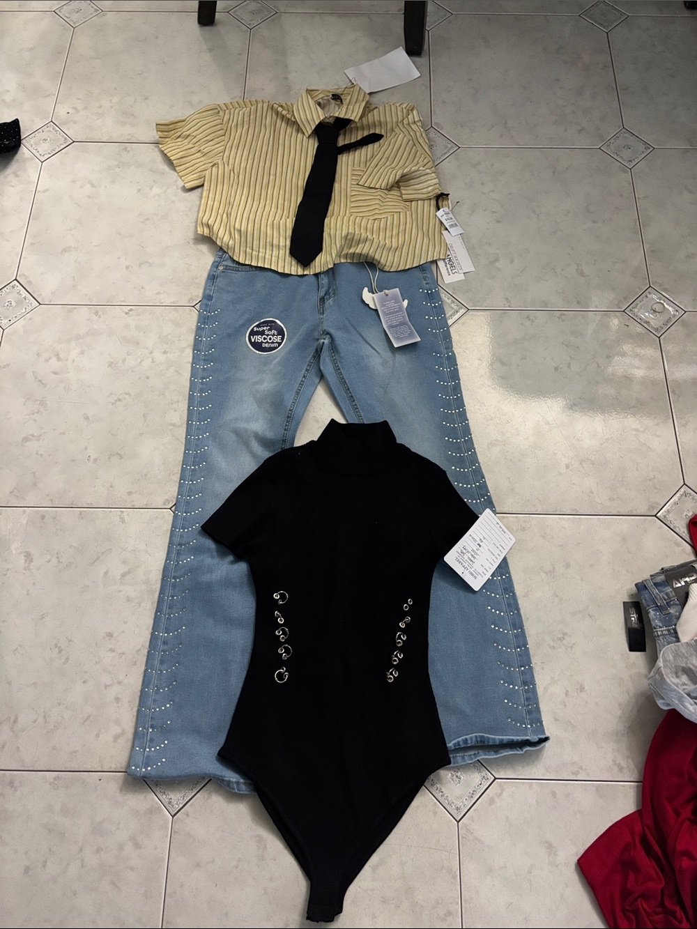 Light Blue Embellished Women’s Jeans - Classic Fit Shirt & Body Suit. First bid